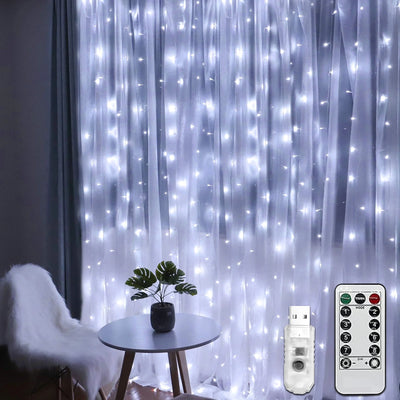 Window Curtain Light,300Led 9.8X9.8Ft White Twinkle Lights,Usb Plug-In 8 Modes Fairy Hanging String Light with Remote for Bedroom, Wedding, Party, Wall